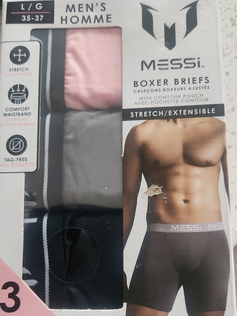 MESSI Men’s 3-Pack Boxer Briefs — Pink, Gray & Black. Size L. NEW